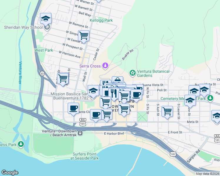 map of restaurants, bars, coffee shops, grocery stores, and more near 371 Poli Street in Ventura