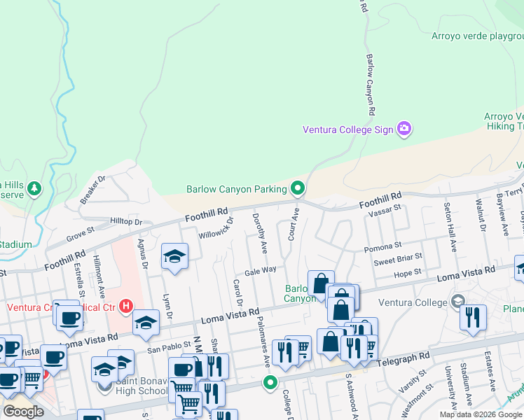 map of restaurants, bars, coffee shops, grocery stores, and more near 451 Strong Court in Ventura