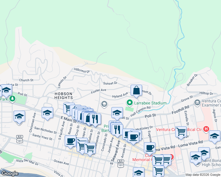 map of restaurants, bars, coffee shops, grocery stores, and more near 2165 Foster Avenue in Ventura
