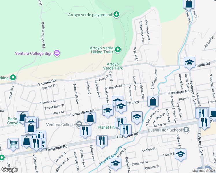 map of restaurants, bars, coffee shops, grocery stores, and more near 400 Dayloma Avenue in Ventura