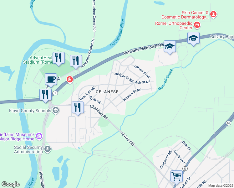 map of restaurants, bars, coffee shops, grocery stores, and more near 18 Elmwood Street Northeast in Rome