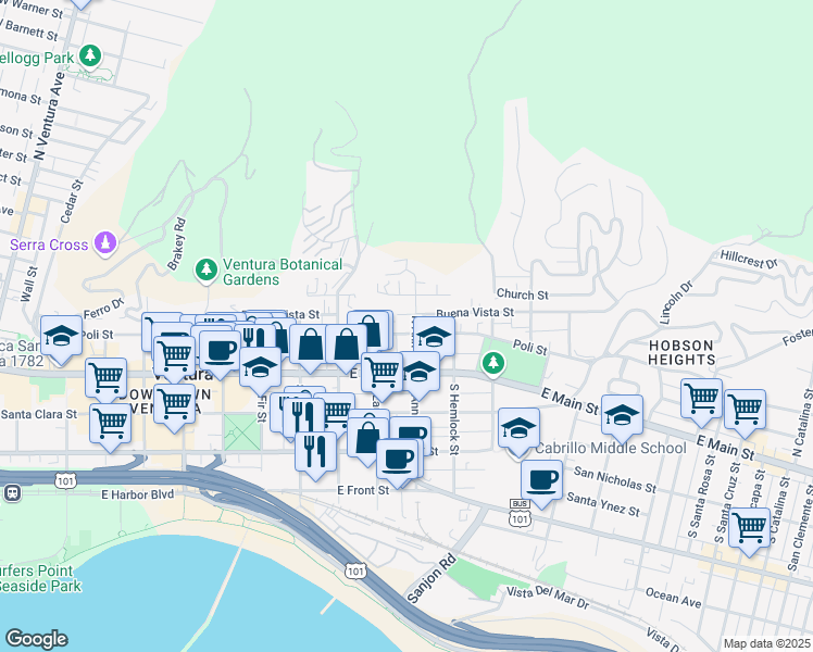 map of restaurants, bars, coffee shops, grocery stores, and more near 1066 Buena Vista Street in Ventura