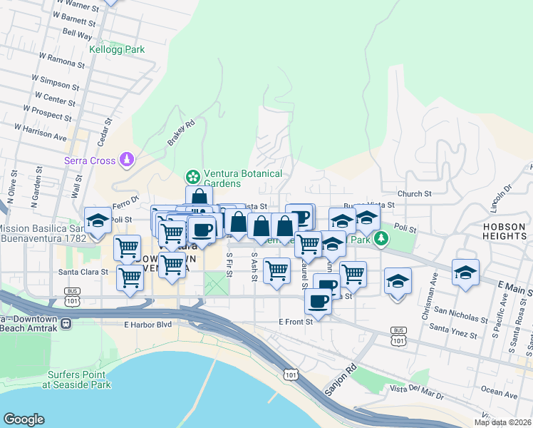 map of restaurants, bars, coffee shops, grocery stores, and more near 870 Buena Vista Street in Ventura