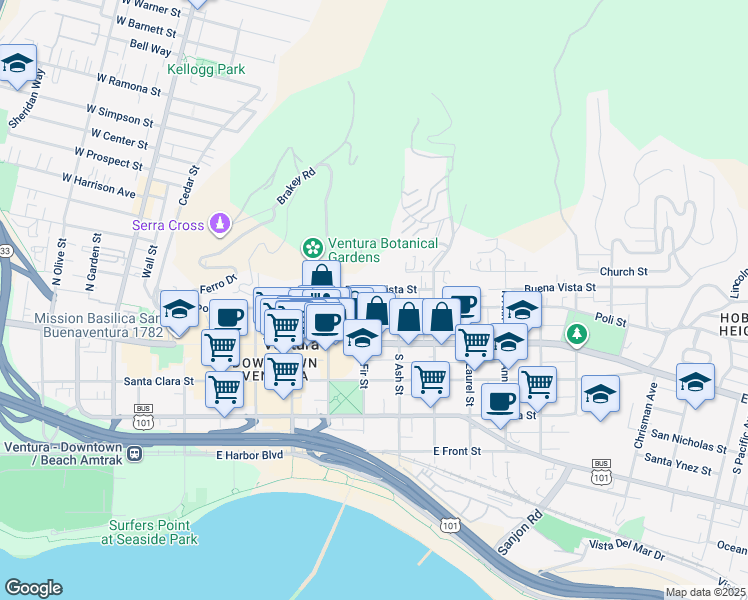 map of restaurants, bars, coffee shops, grocery stores, and more near 765 Poli Street in Ventura