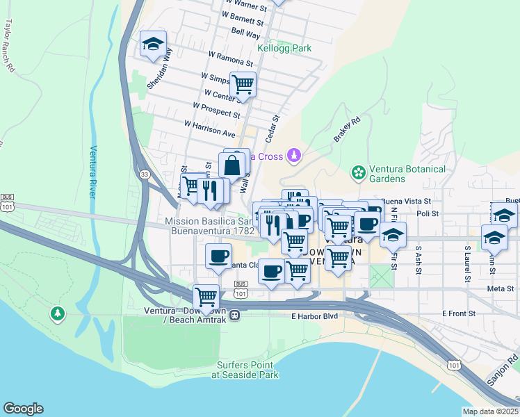 map of restaurants, bars, coffee shops, grocery stores, and more near 20 Ferro Drive in Ventura