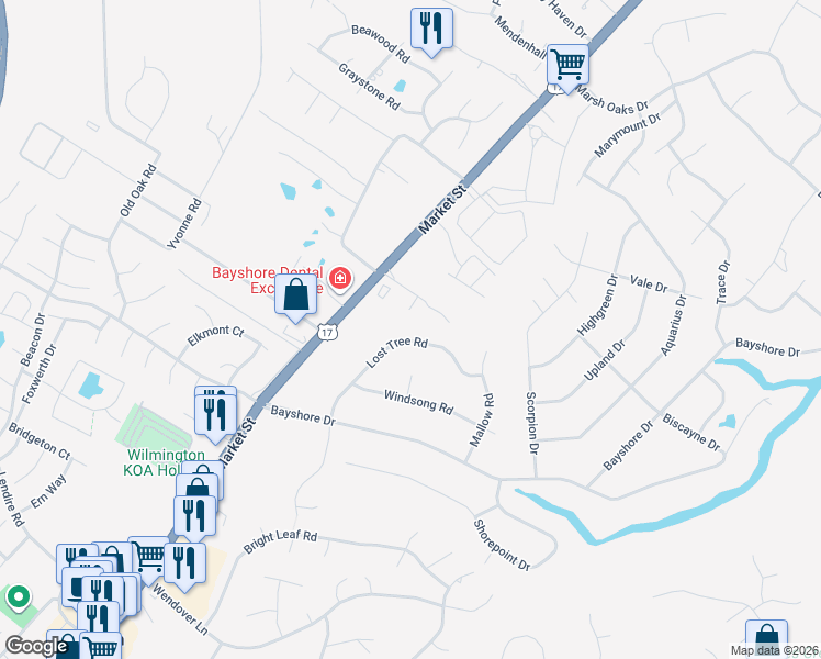 map of restaurants, bars, coffee shops, grocery stores, and more near 7701 Lost Tree Road in Wilmington