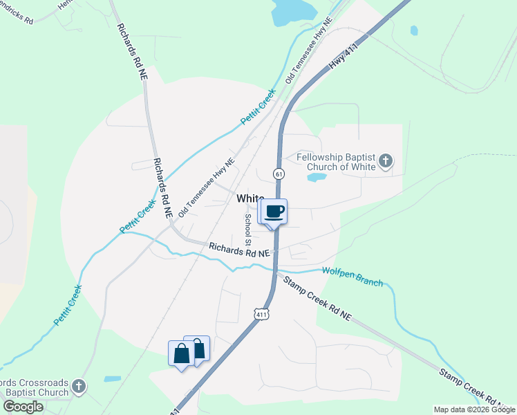 map of restaurants, bars, coffee shops, grocery stores, and more near 3391 U.S. 411 in White
