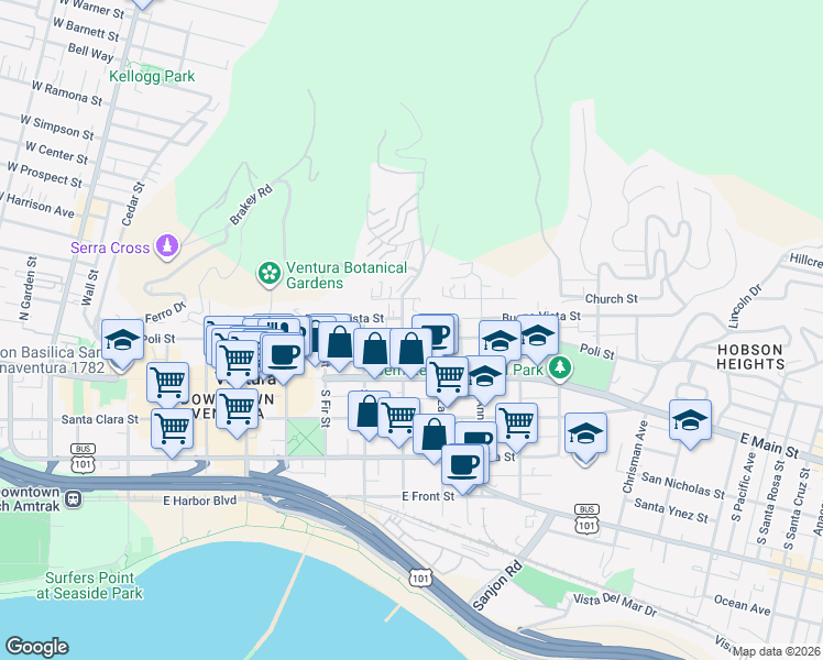 map of restaurants, bars, coffee shops, grocery stores, and more near 989 Inspiration Way in Ventura