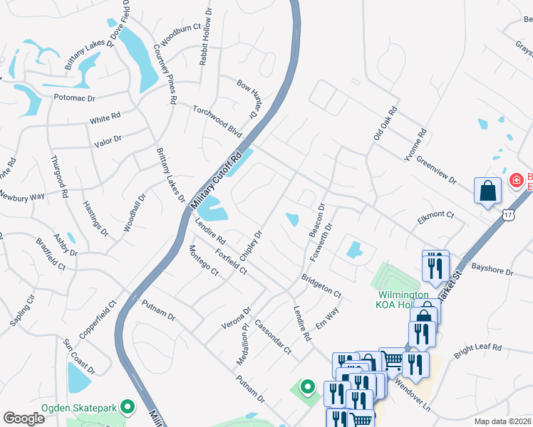 map of restaurants, bars, coffee shops, grocery stores, and more near Chipley Drive in Wilmington