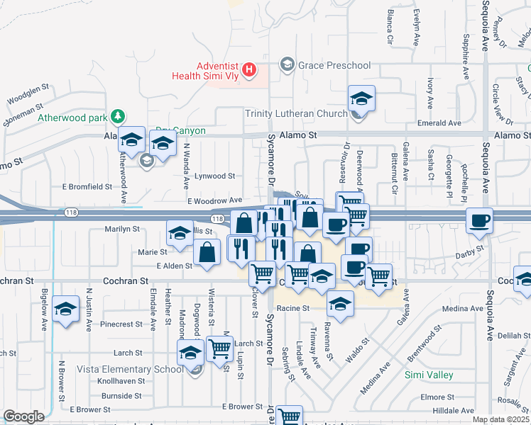 map of restaurants, bars, coffee shops, grocery stores, and more near 2349 Knollhaven Street in Simi Valley