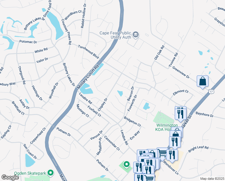 map of restaurants, bars, coffee shops, grocery stores, and more near 7436 Chipley Drive in Wilmington