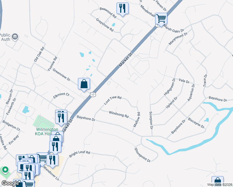 map of restaurants, bars, coffee shops, grocery stores, and more near 7701 Lost Tree Rd in Wilmington