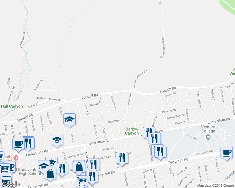 map of restaurants, bars, coffee shops, grocery stores, and more near 451 Strong Court in Ventura