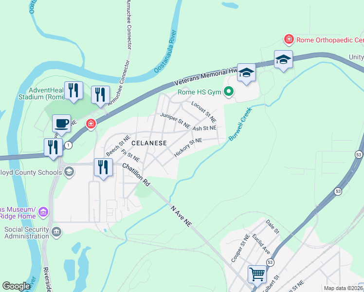 map of restaurants, bars, coffee shops, grocery stores, and more near 26 Hickory Street Northeast in Rome