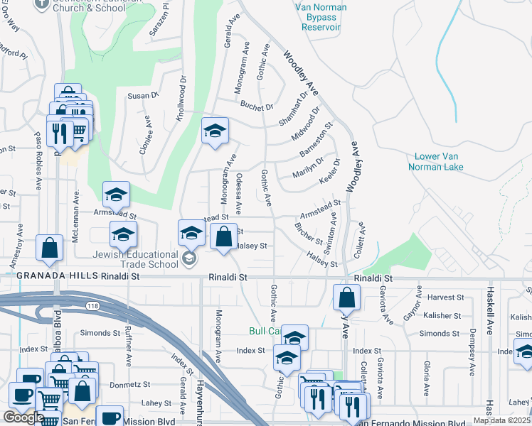 map of restaurants, bars, coffee shops, grocery stores, and more near 16415 Armstead Street in Los Angeles