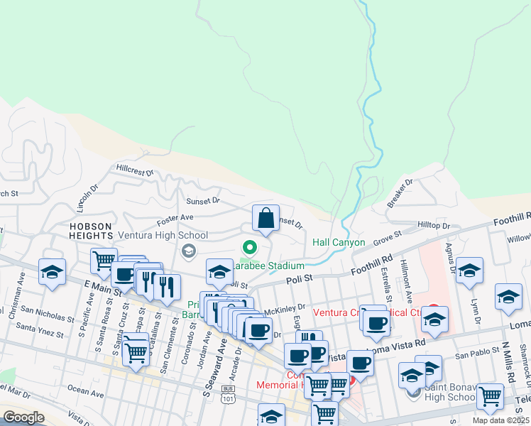 map of restaurants, bars, coffee shops, grocery stores, and more near 2395 Sunset Drive in Ventura