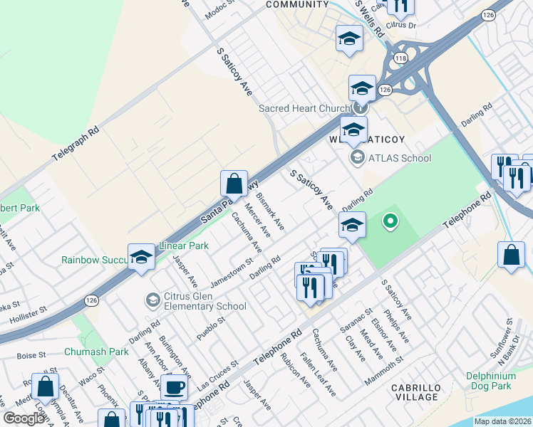 map of restaurants, bars, coffee shops, grocery stores, and more near 716 Bismark Avenue in Ventura