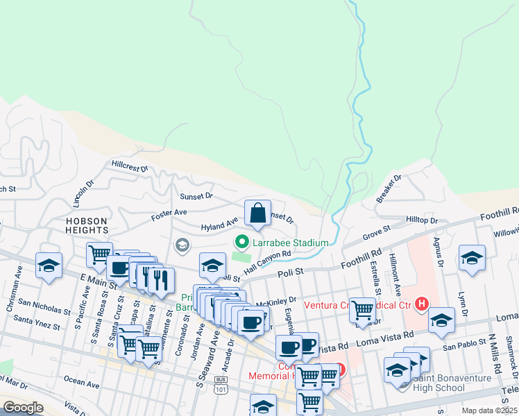 map of restaurants, bars, coffee shops, grocery stores, and more near 2407 Sunset Drive in Ventura