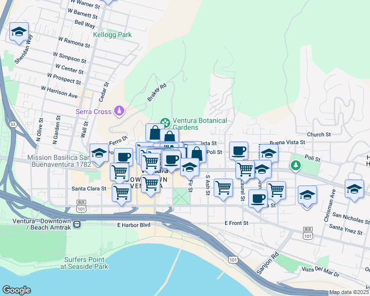 map of restaurants, bars, coffee shops, grocery stores, and more near 121 North Fir Street in Ventura