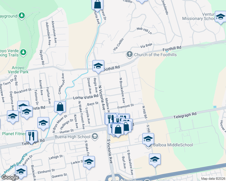 map of restaurants, bars, coffee shops, grocery stores, and more near 6076 Sutter St in Ventura