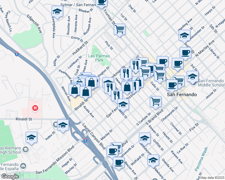 map of restaurants, bars, coffee shops, grocery stores, and more near 1315 Griffith Street in San Fernando