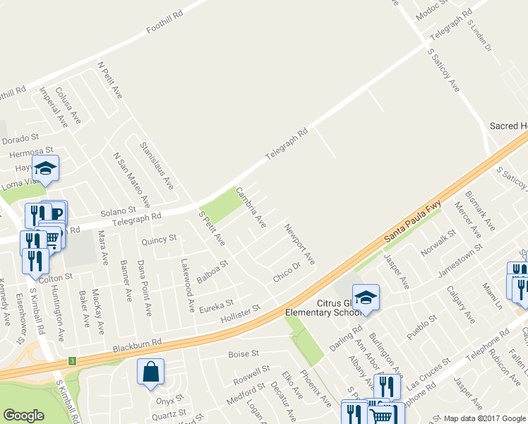 map of restaurants, bars, coffee shops, grocery stores, and more near 9509 El Portal Court in Ventura