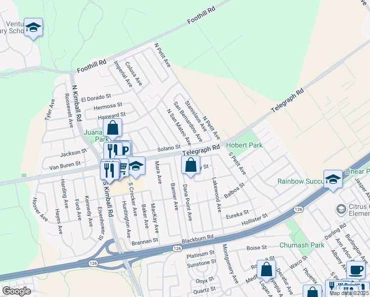 map of restaurants, bars, coffee shops, grocery stores, and more near 8282 Solano Street in Ventura