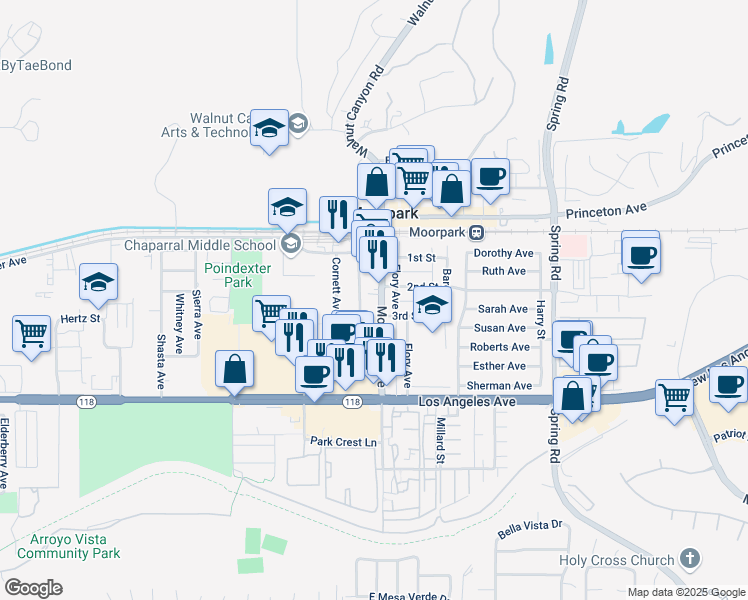 map of restaurants, bars, coffee shops, grocery stores, and more near 375 Moorpark Avenue in Moorpark