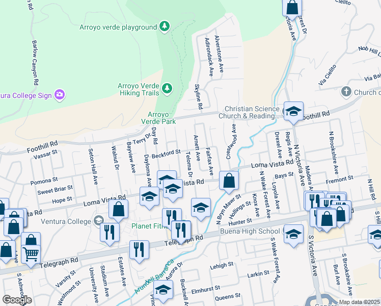 map of restaurants, bars, coffee shops, grocery stores, and more near 292 Teloma Drive in Ventura