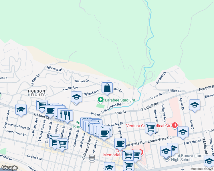map of restaurants, bars, coffee shops, grocery stores, and more near 2395 Sunset Drive in Ventura