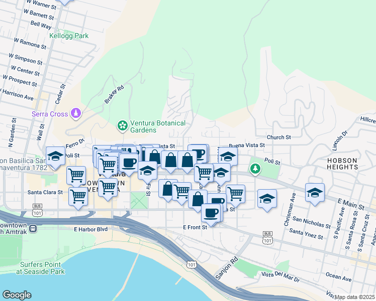 map of restaurants, bars, coffee shops, grocery stores, and more near 923 Poli Street in Ventura