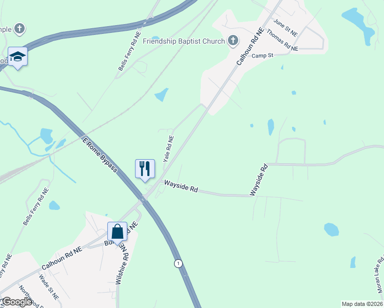 map of restaurants, bars, coffee shops, grocery stores, and more near 1975 Calhoun Road Northeast in Rome