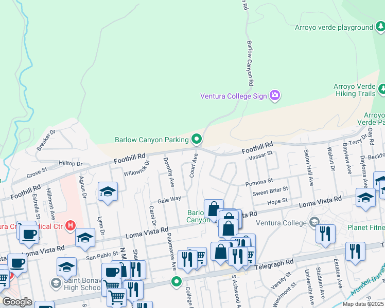 map of restaurants, bars, coffee shops, grocery stores, and more near 459 Court Avenue in Ventura
