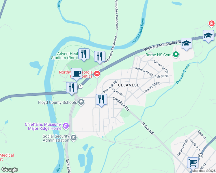 map of restaurants, bars, coffee shops, grocery stores, and more near 10 Beech St NE in Rome
