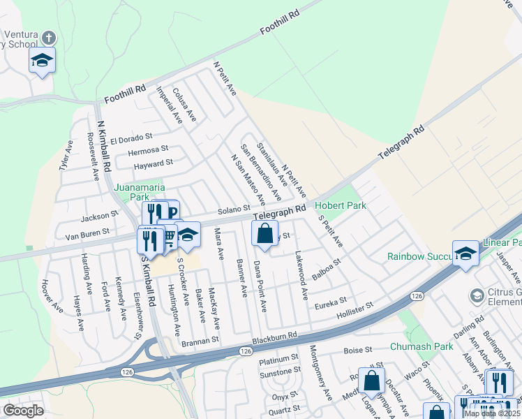 map of restaurants, bars, coffee shops, grocery stores, and more near 8282 Solano Street in Ventura