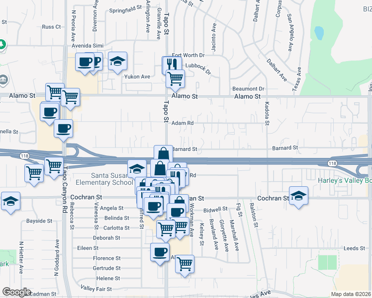 map of restaurants, bars, coffee shops, grocery stores, and more near 4477 Barnard St in Simi Valley