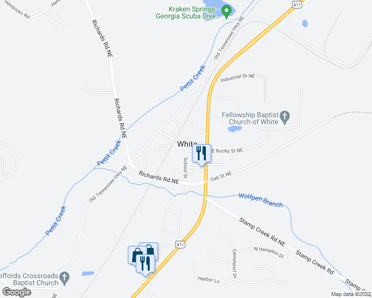 map of restaurants, bars, coffee shops, grocery stores, and more near 19 West Rocky Street in White