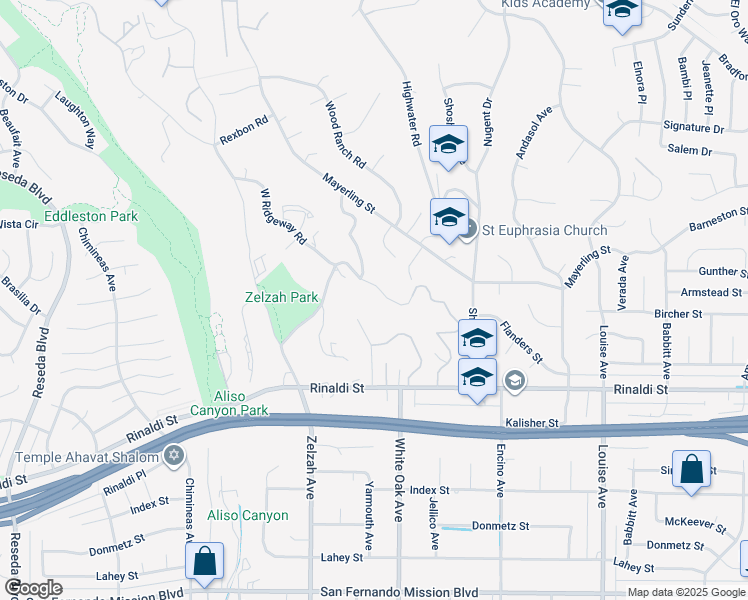 map of restaurants, bars, coffee shops, grocery stores, and more near 17770 Ridgeway Road in Los Angeles