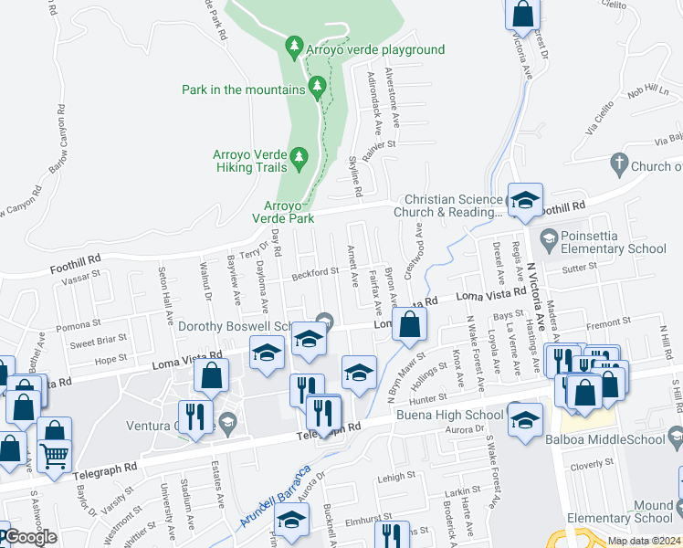 map of restaurants, bars, coffee shops, grocery stores, and more near 292 Teloma Drive in Ventura