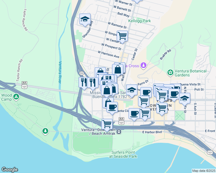 map of restaurants, bars, coffee shops, grocery stores, and more near 117 North Ventura Avenue in Ventura