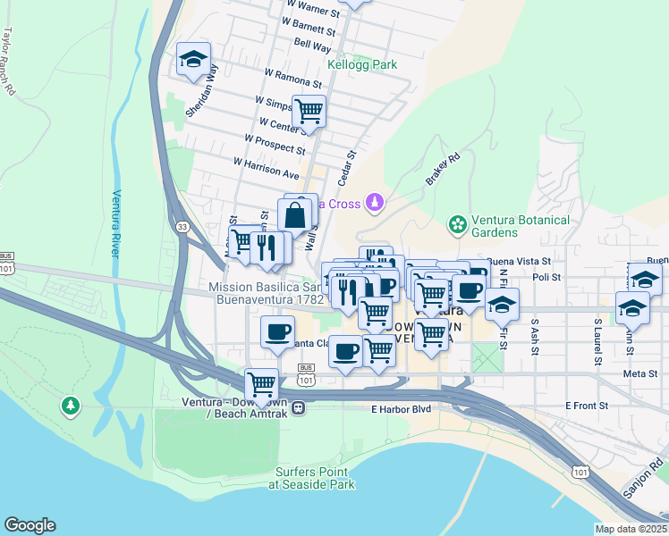 map of restaurants, bars, coffee shops, grocery stores, and more near 20 Ferro Drive in Ventura