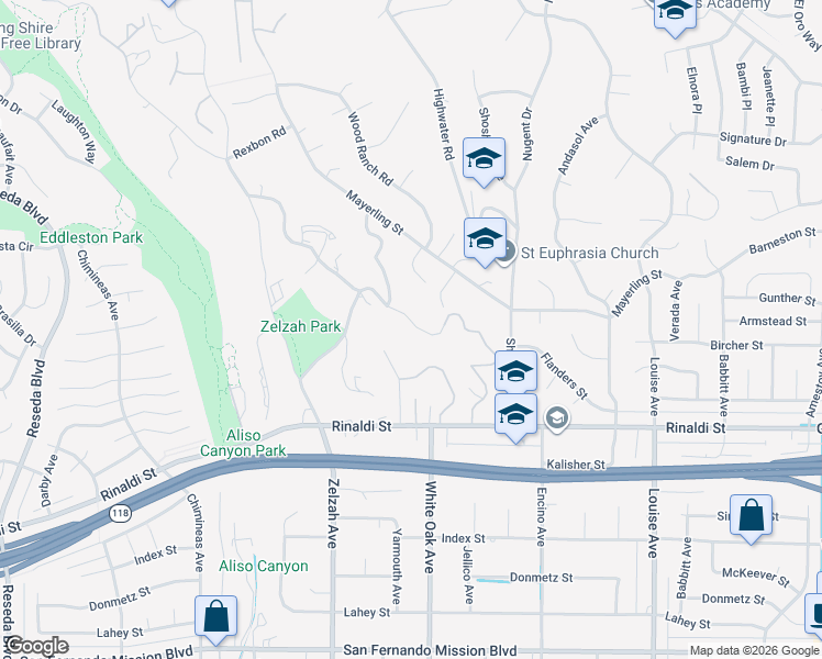 map of restaurants, bars, coffee shops, grocery stores, and more near 17758 Ridgeway Road in Los Angeles