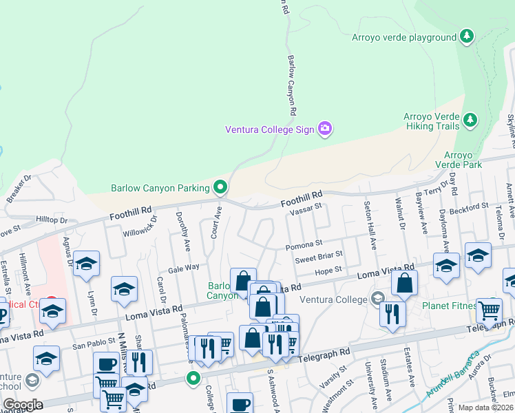 map of restaurants, bars, coffee shops, grocery stores, and more near Foothill Road in Ventura