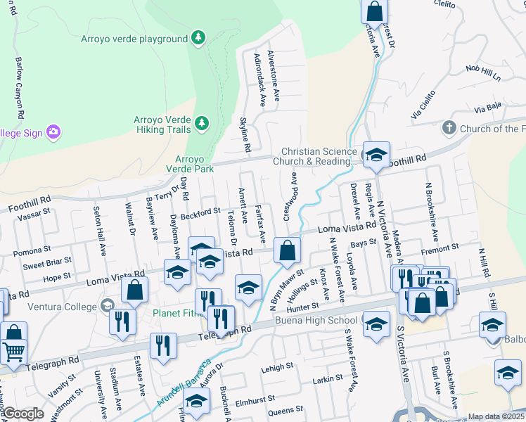 map of restaurants, bars, coffee shops, grocery stores, and more near 290 Fairfax Avenue in Ventura