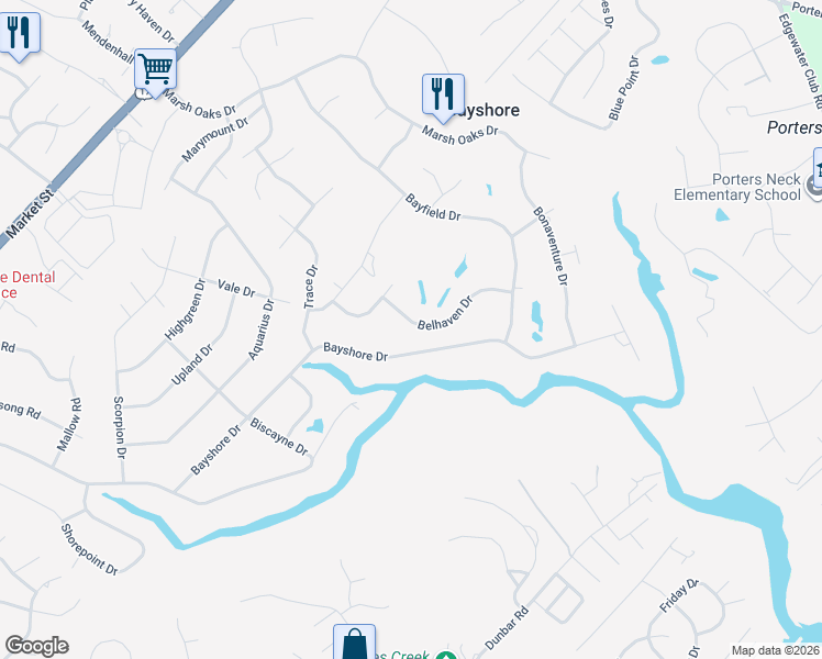 map of restaurants, bars, coffee shops, grocery stores, and more near 520 Belhaven Drive in Wilmington