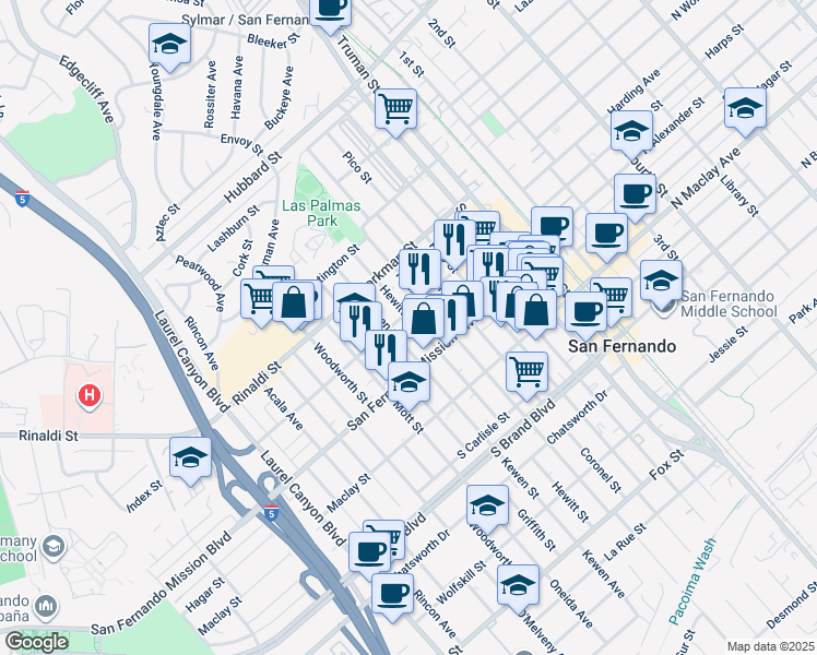 map of restaurants, bars, coffee shops, grocery stores, and more near 1236 Hewitt Street in San Fernando