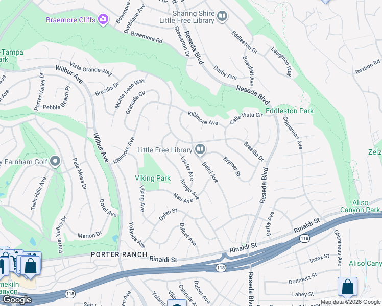 map of restaurants, bars, coffee shops, grocery stores, and more near 18671 Brymer Street in Los Angeles