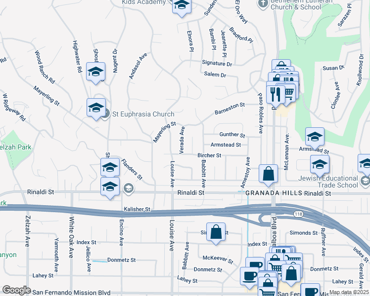 map of restaurants, bars, coffee shops, grocery stores, and more near 11640 Verada Avenue in Los Angeles