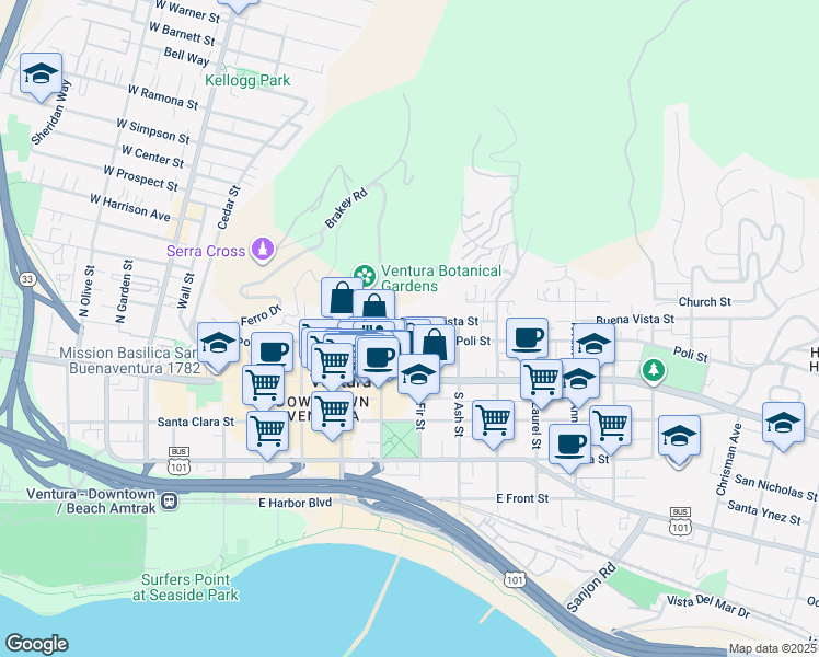 map of restaurants, bars, coffee shops, grocery stores, and more near 121 North Fir Street in Ventura