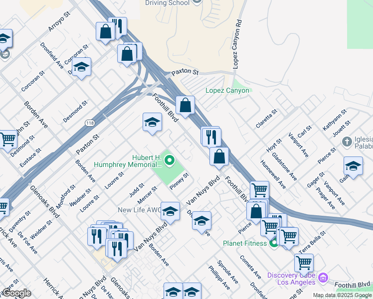 map of restaurants, bars, coffee shops, grocery stores, and more near 12569 Van Nuys Boulevard in Los Angeles